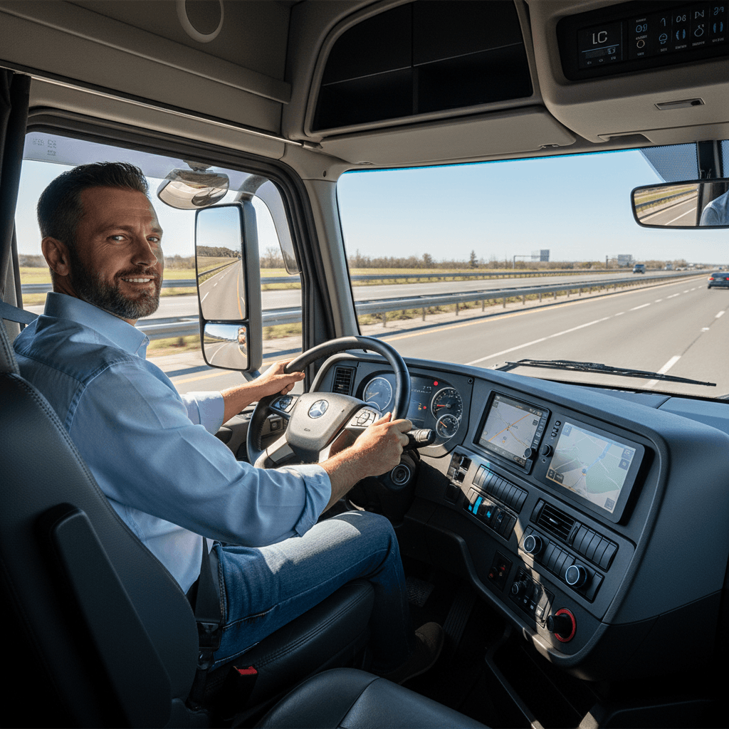 Professional truck driver operating semi truck on highway