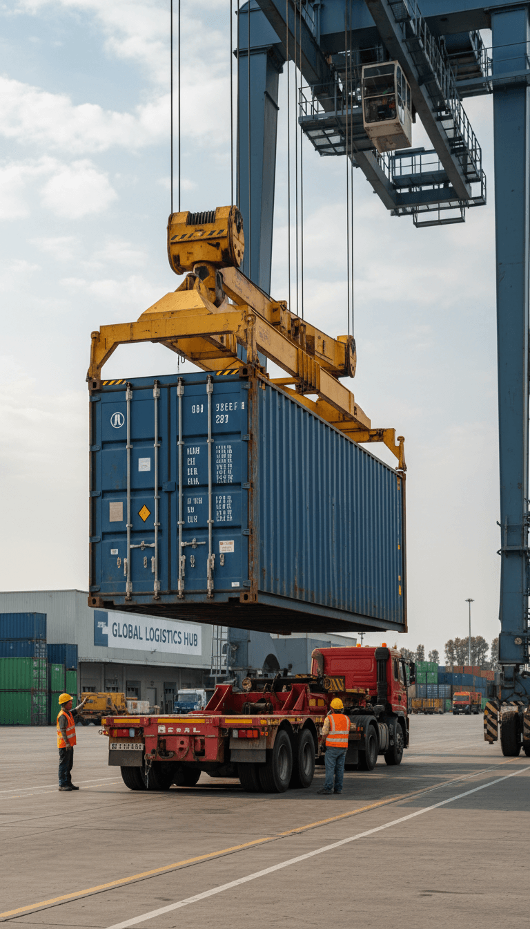 Heavy cargo container loaded on freight truck at logistics facility