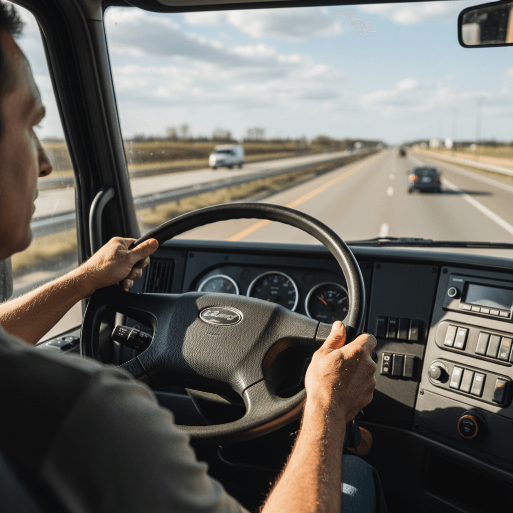 Professional truck driver operating semi truck on highway